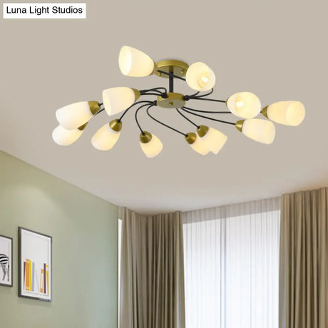 Iron Black/Gold Ceiling Spiral Semi Flush Mount Light With Tapered White Glass Shade - 9/12-Head