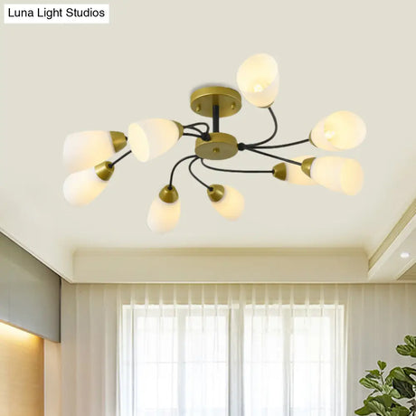 Iron Black/Gold Ceiling Spiral Semi Flush Mount Light With Tapered White Glass Shade - 9/12-Head