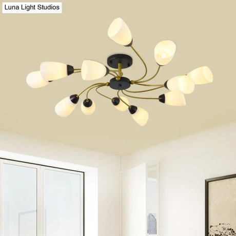 Iron Black/Gold Ceiling Spiral Semi Flush Mount Light With Tapered White Glass Shade - 9/12-Head