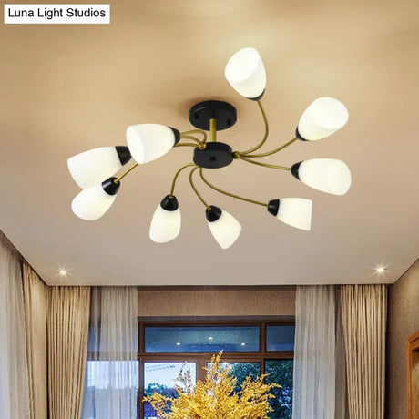 Iron Black/Gold Ceiling Spiral Semi Flush Mount Light With Tapered White Glass Shade - 9/12-Head