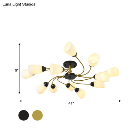 Iron Black/Gold Ceiling Spiral Semi Flush Mount Light With Tapered White Glass Shade - 9/12-Head