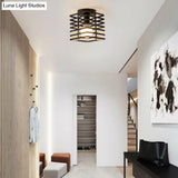 Iron Ceiling Mounted Industrial Black Rectangular Cage Flush Light - 1 - Bulb Fixture For Corridors