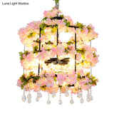 Iron Chandelier With Antique Black Finish Cylindrical Cage Design Crystal Drops And 6 Bulbs -