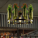 Iron Circular Chandelier Pendant Lamp In Black With Glass Pot And Plant - Restaurant Suspension