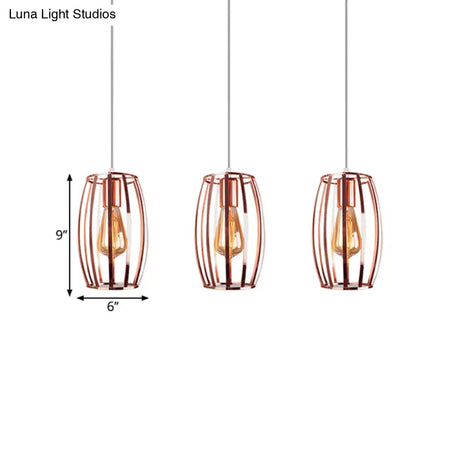 Iron Copper Hanging Lamp With Oval Cage Shade - Industrial Ceiling Fixture 3 Bulbs Stylish Lighting