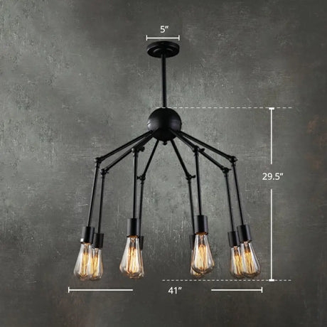 Iron Exposed Bulb Chandelier - Loft Style Restaurant Hanging Lamp With Swing Arm In Black 8 /