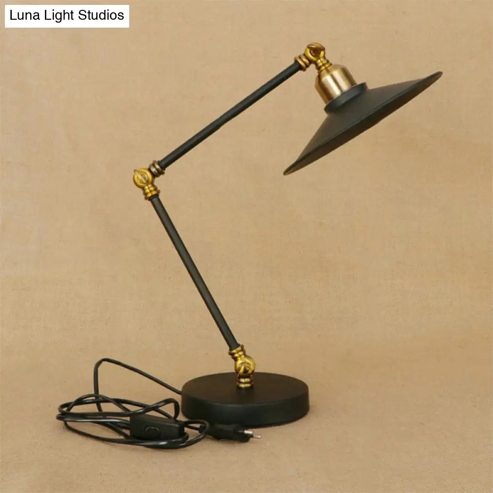 Iron Flat Shade Desk Light- Industrial Black Standing Lamp With Adjustable Arm