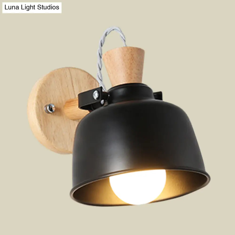 Iron Macaron Handle Wall Sconce Lamp - Bowl Bedside Light Fixture In Grey/Black With Wood Top