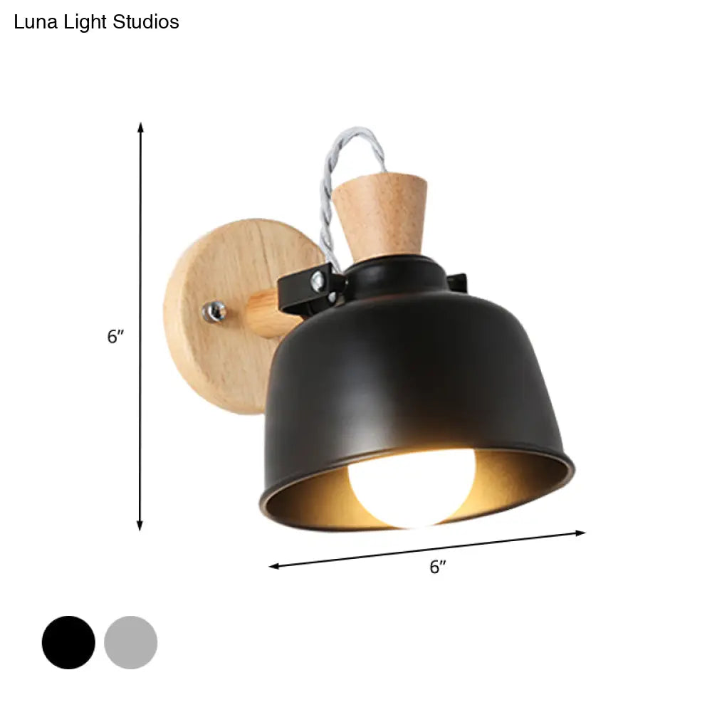 Iron Macaron Handle Wall Sconce Lamp - Bowl Bedside Light Fixture In Grey/Black With Wood Top