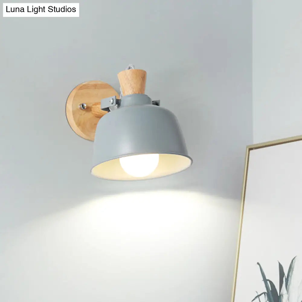 Iron Macaron Handle Wall Sconce Lamp - Bowl Bedside Light Fixture In Grey/Black With Wood Top