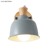 Iron Macaron Handle Wall Sconce Lamp - Bowl Bedside Light Fixture In Grey/Black With Wood Top