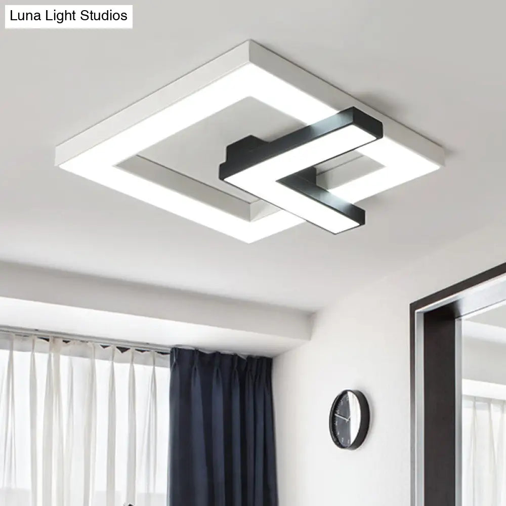 Iron Squared Led Ceiling Flush Mount With Black And White Clock Design White/Warm Light -