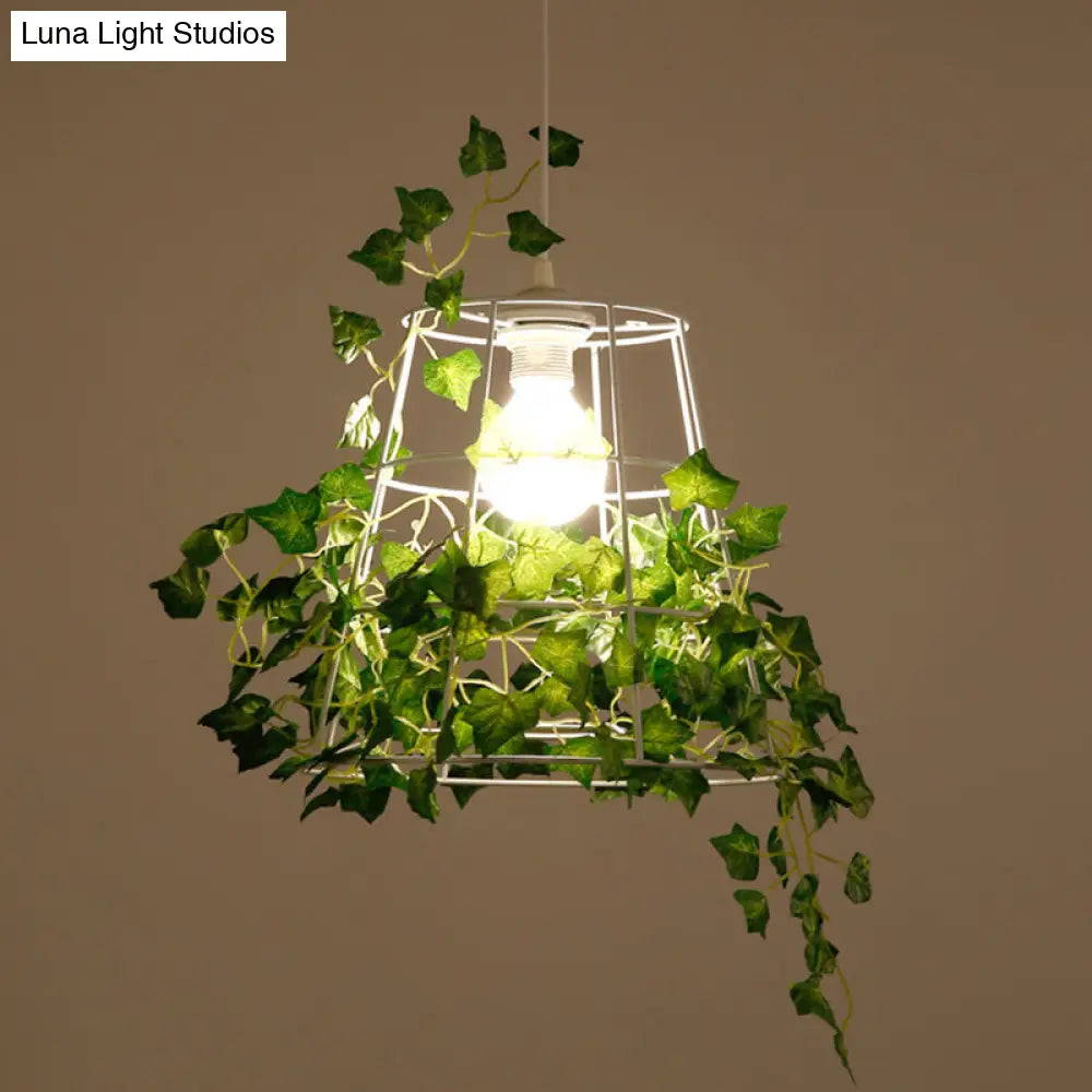 Iron Tapered Cage Pendant Ceiling Light With Decorative Ivy - Retro 1 Head Suspension Lighting For