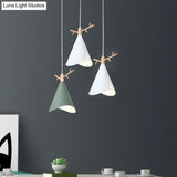 Iron Waveform-Edge Conic Ceiling Light - Nordic 1 Head Pendant (Green/Grey/White) With Wood Antler