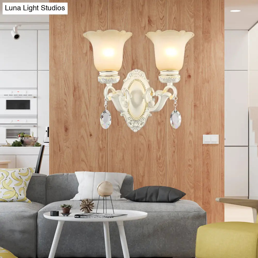 Ivory Flower Wall Sconce Light With White Glass And 1/2 Lights For Traditional Living Rooms