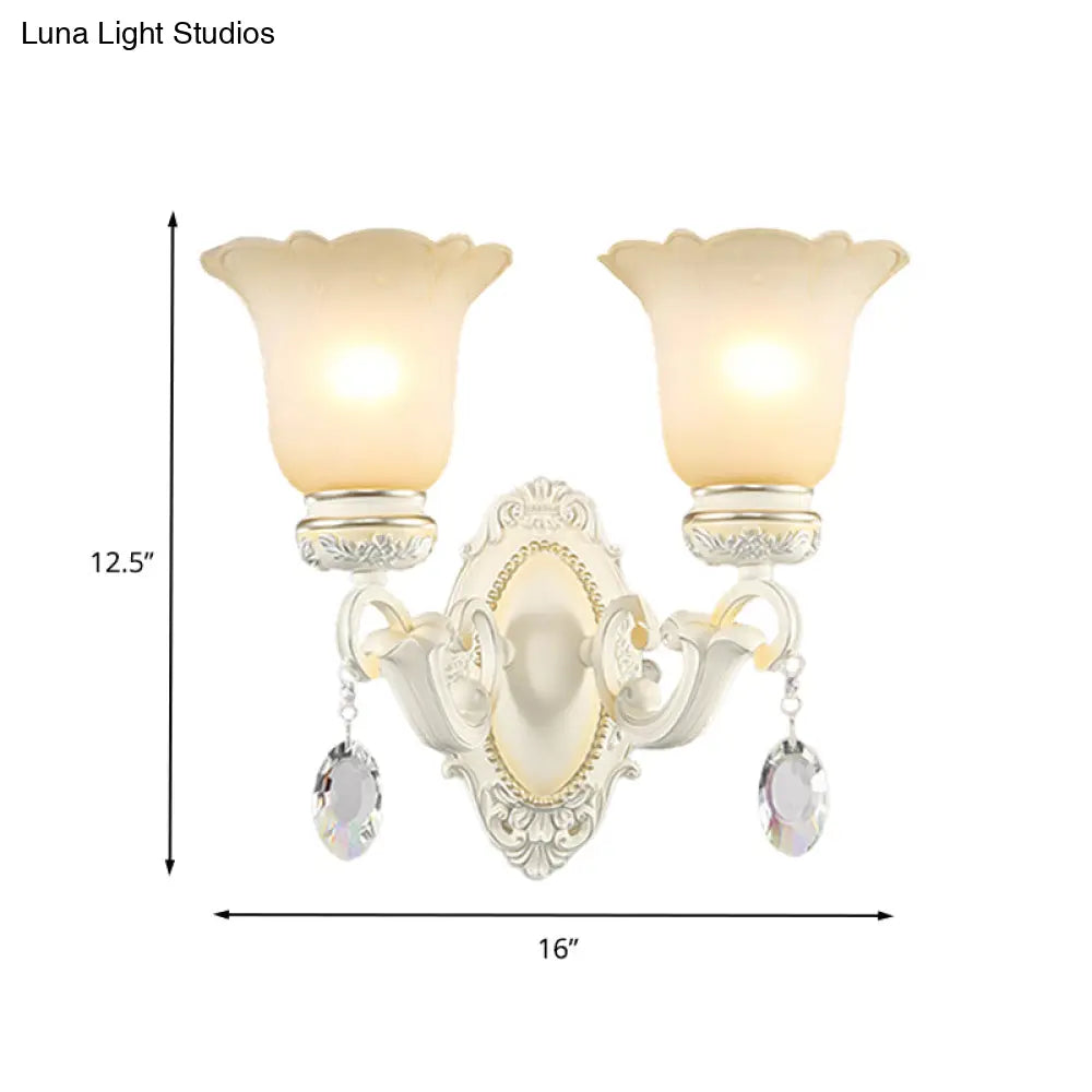 Ivory Flower Wall Sconce Light With White Glass And 1/2 Lights For Traditional Living Rooms