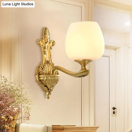 Ivory Glass Conical Wall Mounted Lamp Vintage Bedroom Lighting Fixture With Gold Accents