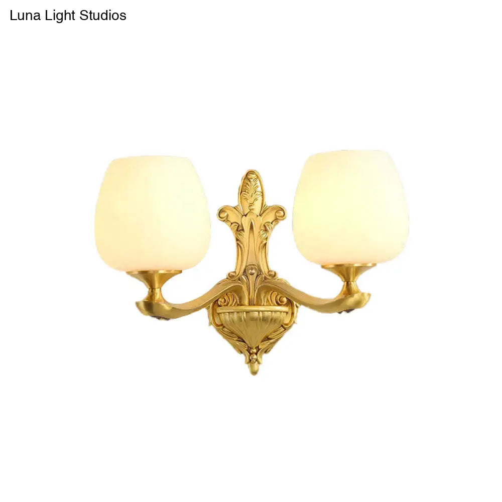 Ivory Glass Conical Wall Mounted Lamp Vintage Bedroom Lighting Fixture With Gold Accents
