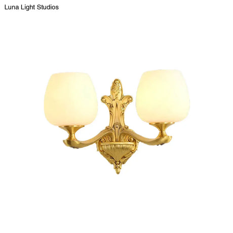 Ivory Glass Conical Wall Mounted Lamp Vintage Bedroom Lighting Fixture With Gold Accents