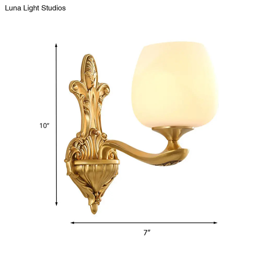 Ivory Glass Conical Wall Mounted Lamp Vintage Bedroom Lighting Fixture With Gold Accents