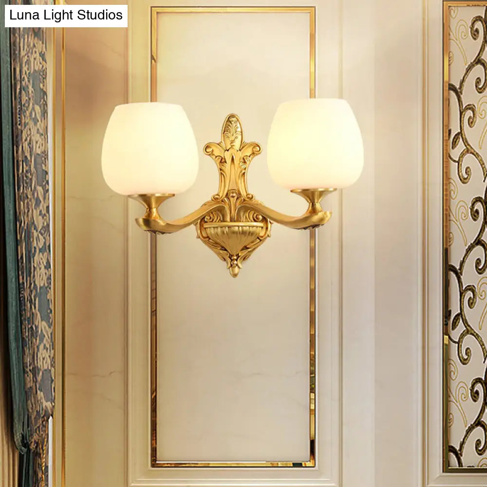 Ivory Glass Conical Wall Mounted Lamp Vintage Bedroom Lighting Fixture With Gold Accents