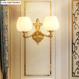 Ivory Glass Conical Wall Mounted Lamp Vintage Bedroom Lighting Fixture With Gold Accents