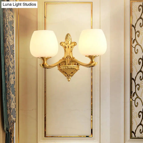 Ivory Glass Conical Wall Mounted Lamp Vintage Bedroom Lighting Fixture With Gold Accents