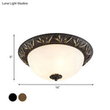 Ivory Glass Flush Mount Ceiling Lamp With Flower Trim In Black/Brass