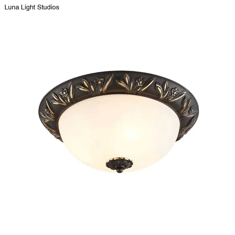 Ivory Glass Flush Mount Ceiling Lamp With Flower Trim In Black/Brass
