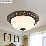 Ivory Glass Flush Mount Ceiling Lamp With Flower Trim In Black/Brass
