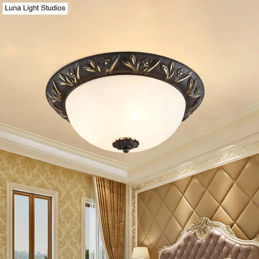Ivory Glass Flush Mount Ceiling Lamp With Flower Trim In Black/Brass