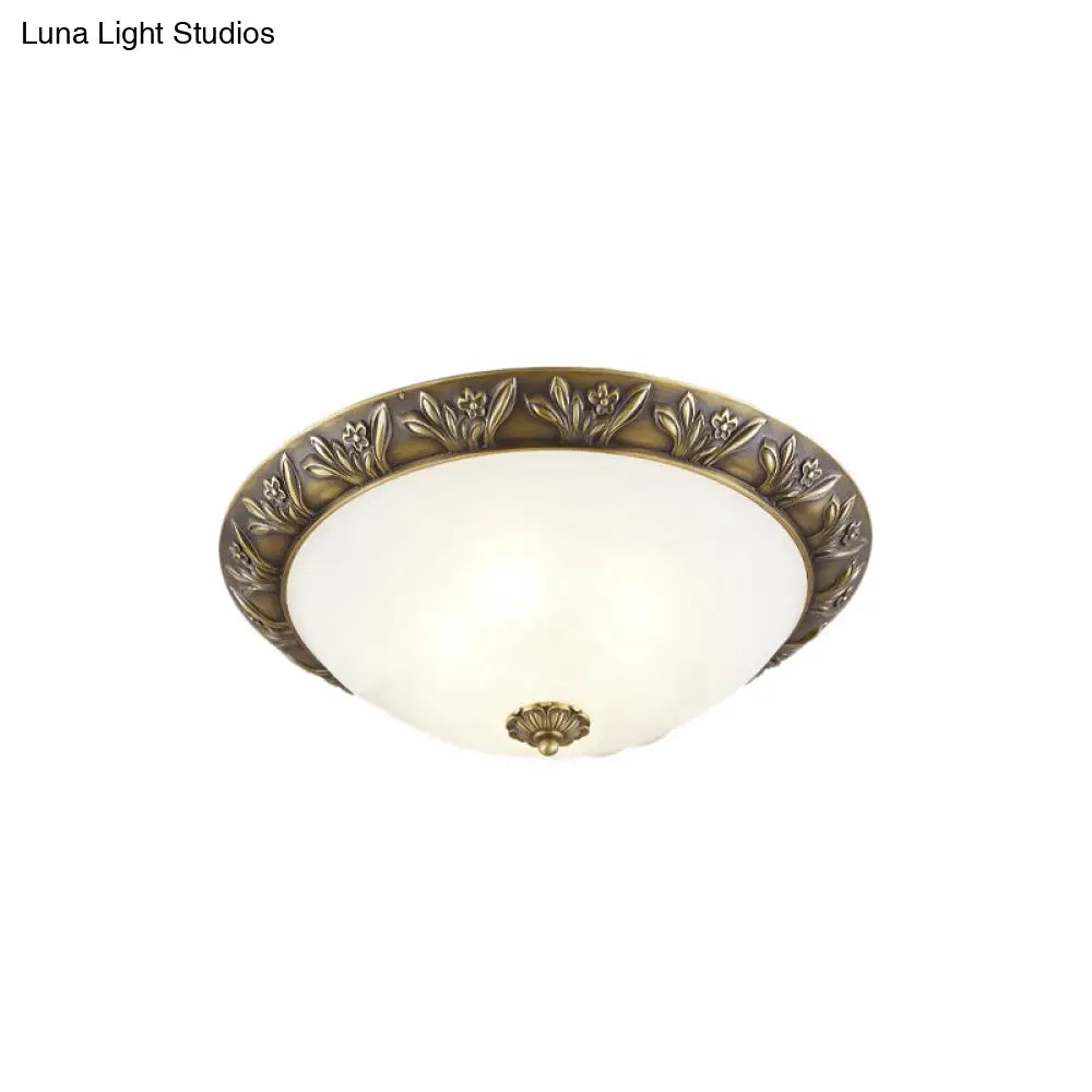 Ivory Glass Flush Mount Ceiling Lamp With Flower Trim In Black/Brass