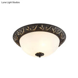 Ivory Glass Flush Mount Ceiling Lamp With Flower Trim In Black/Brass