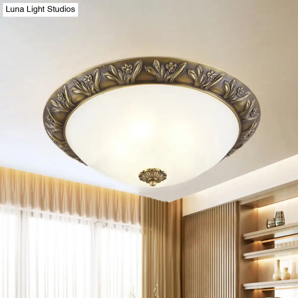 Ivory Glass Flush Mount Ceiling Lamp With Flower Trim In Black/Brass