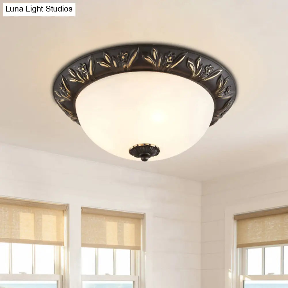 Ivory Glass Flush Mount Ceiling Lamp With Flower Trim In Black/Brass