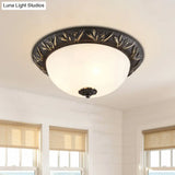 Ivory Glass Flush Mount Ceiling Lamp With Flower Trim In Black/Brass