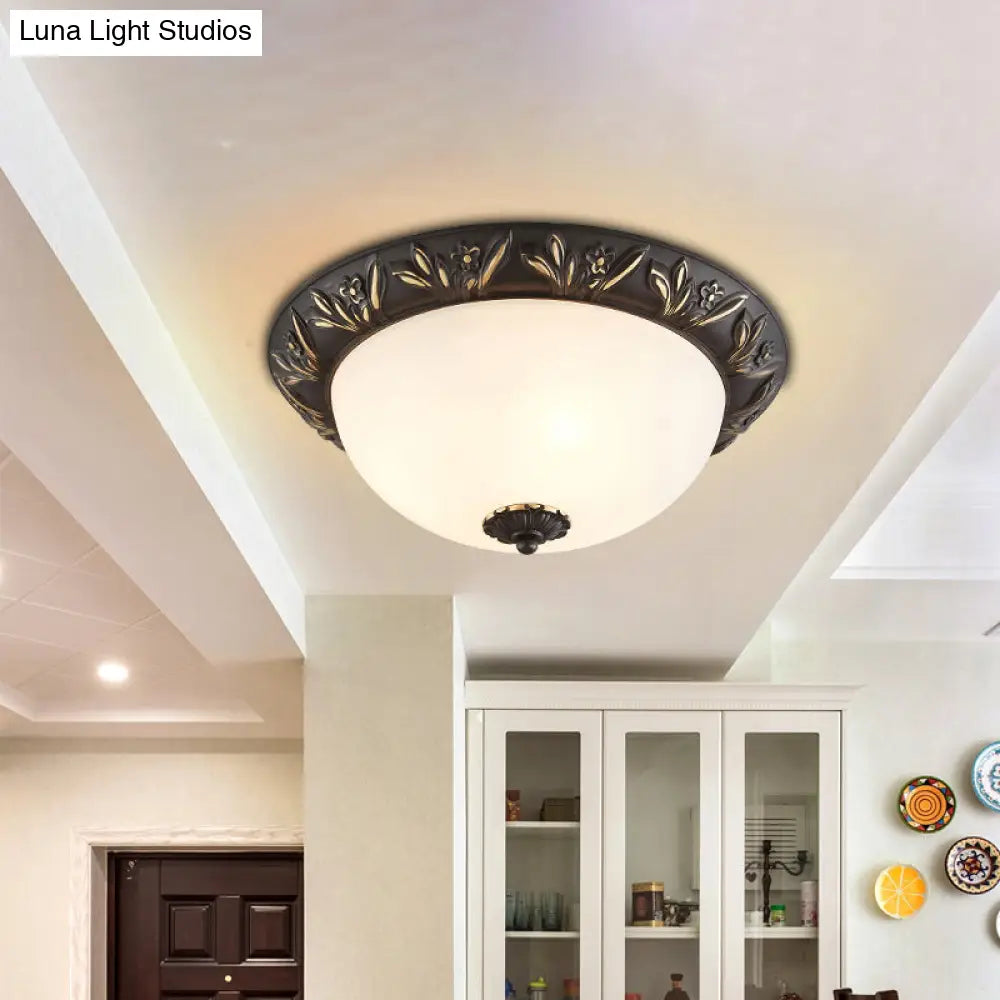 Ivory Glass Flush Mount Ceiling Lamp With Flower Trim In Black/Brass