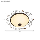 Ivory Glass Flushmount Ceiling Light With Twined Vines - 3-Head Dome Design Rural Style Black