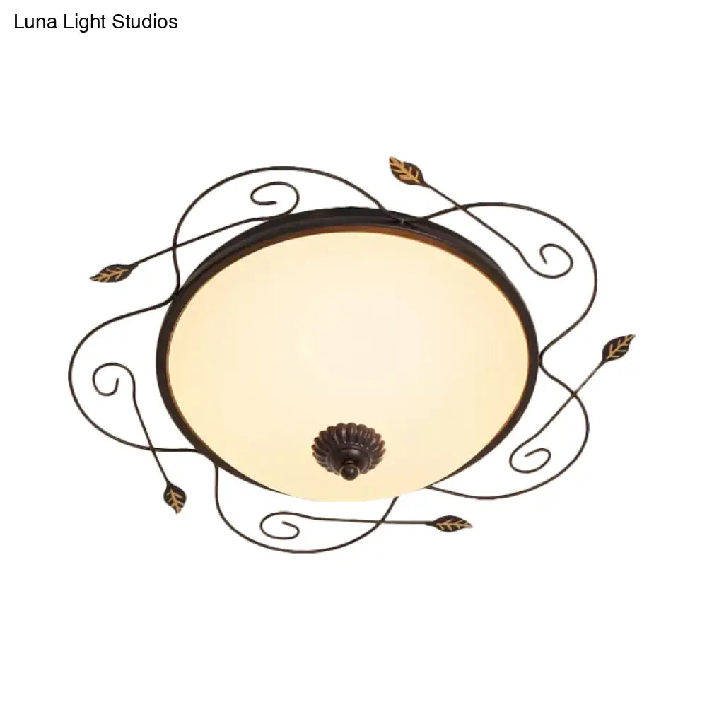 Ivory Glass Flushmount Ceiling Light With Twined Vines - 3-Head Dome Design Rural Style Black