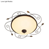 Ivory Glass Flushmount Ceiling Light With Twined Vines - 3-Head Dome Design Rural Style Black