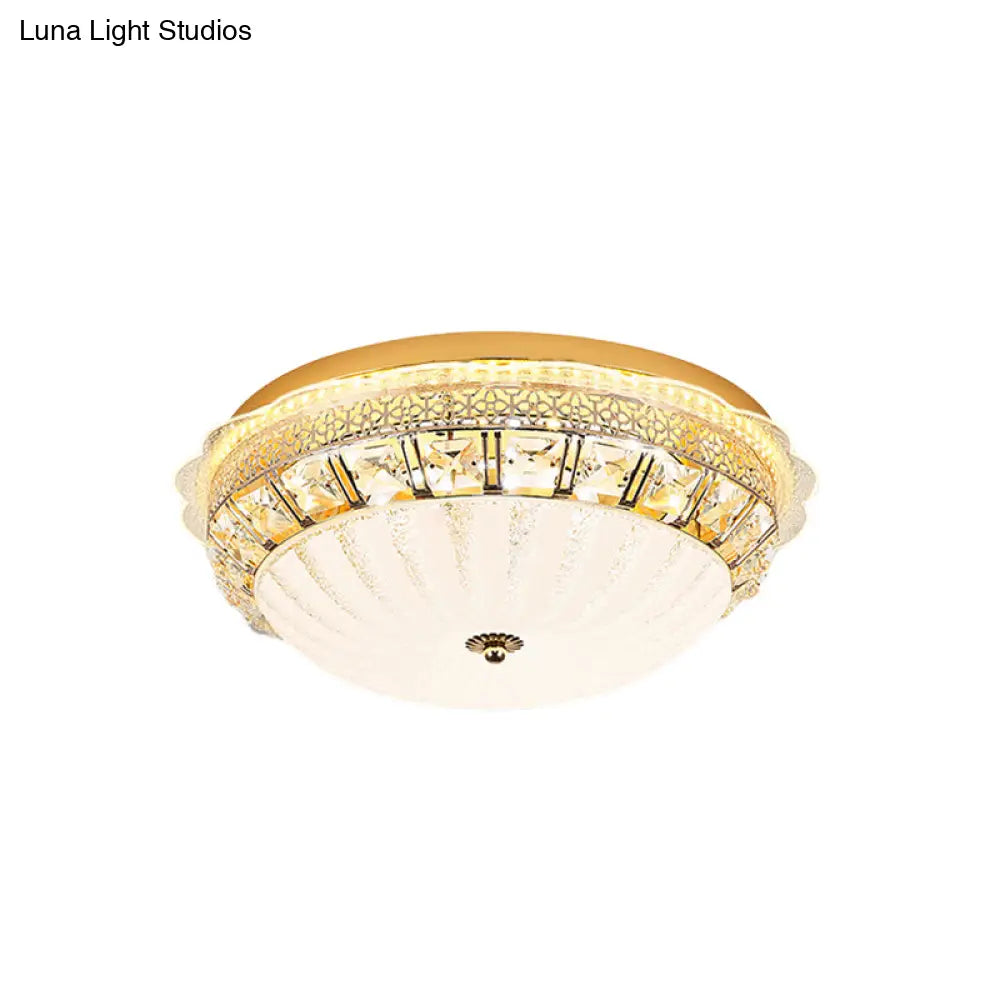 Ivory Glass Gold Ceiling Dome Led Flush Mount With Crystal Accent