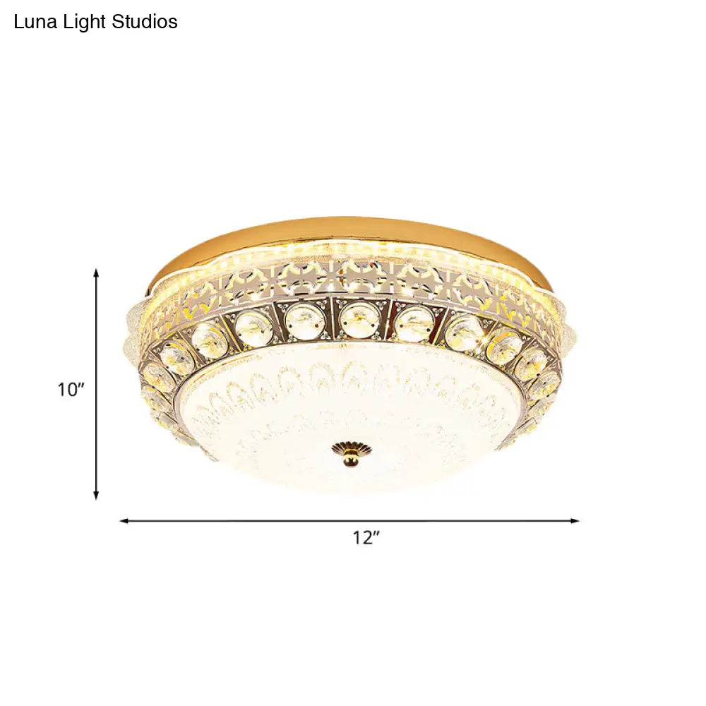Ivory Glass Gold Ceiling Dome Led Flush Mount With Crystal Accent
