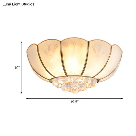 Ivory Glass Scallop Ceiling Fixture With Crystal Ball - Colonial 4/6 Bulbs Bedroom Flush Mount