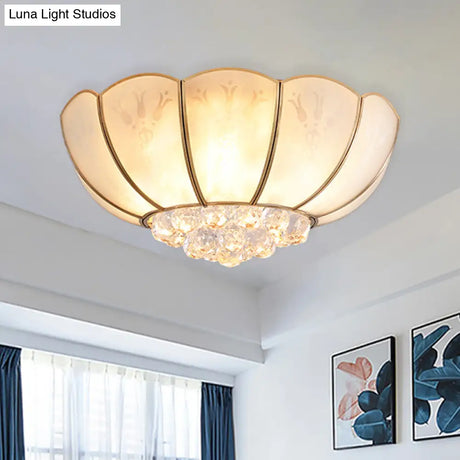 Ivory Glass Scallop Ceiling Fixture With Crystal Ball - Colonial 4/6 Bulbs Bedroom Flush Mount