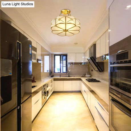 Ivory Glass Scallop Semi Flush Mount Ceiling Light - Vintage Brass Fixture 4-Head Design For