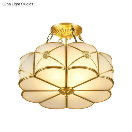 Ivory Glass Scallop Semi Flush Mount Ceiling Light - Vintage Brass Fixture 4-Head Design For