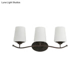 Ivory Glass Vanity Lighting With Iron Wavy Arm - Traditional Black Tapered Wall Light For Bedroom