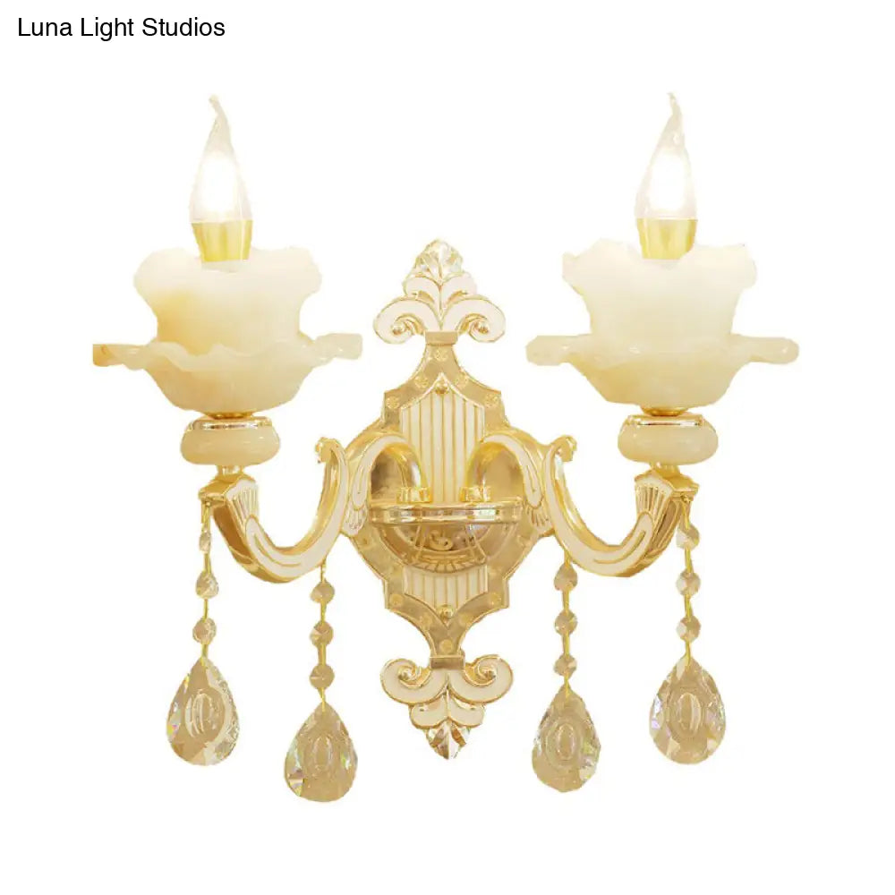 Jade Ruffle Wall Lamp: Retro Style With Crystal Accent Golden Glow