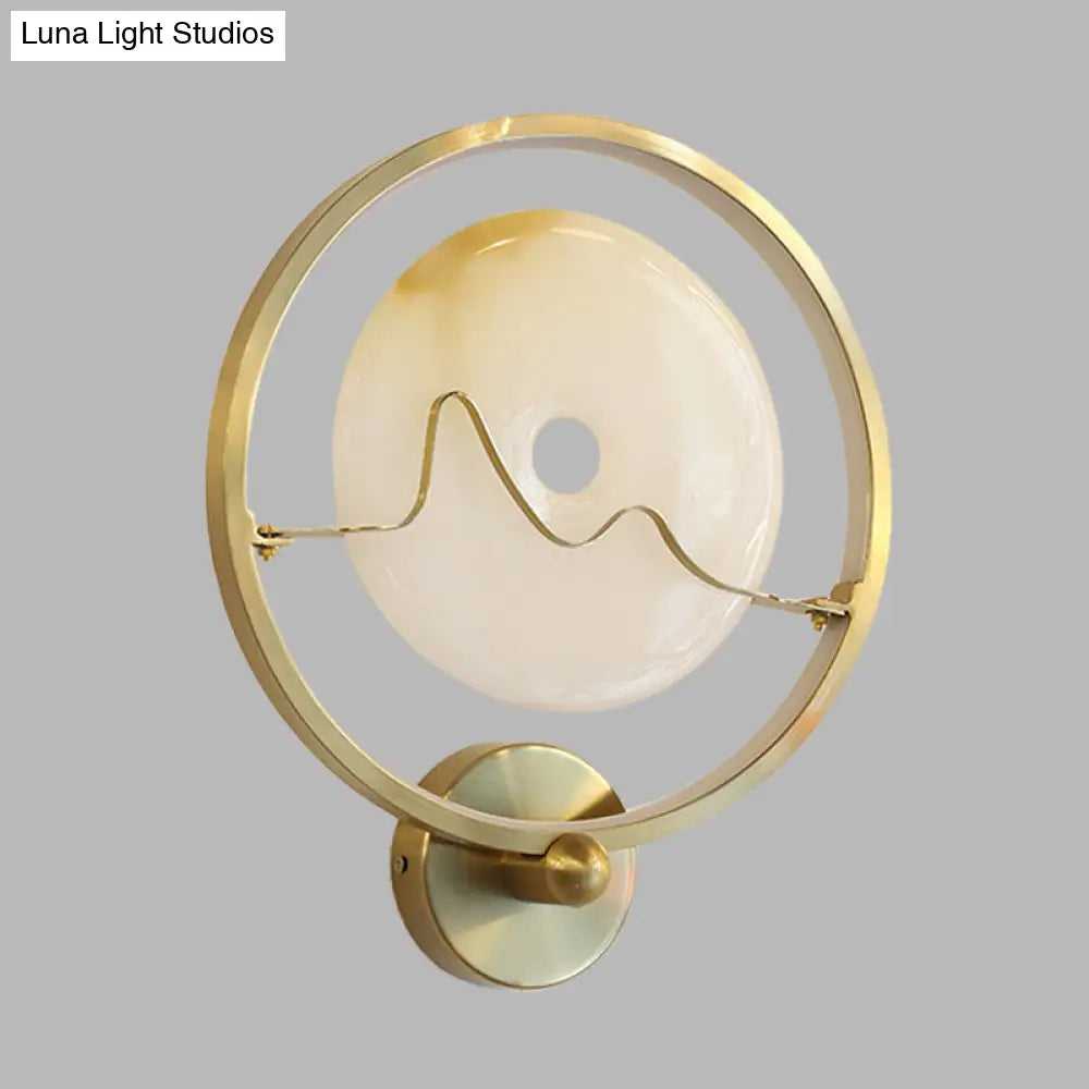 Jade Stone Led Wall Sconce With Gold Ring For Contemporary Clothing Store Lighting