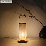 Japanese Bamboo Basket Desk Lamp With Circle Wood Base - Beige 1 Head Task Lighting